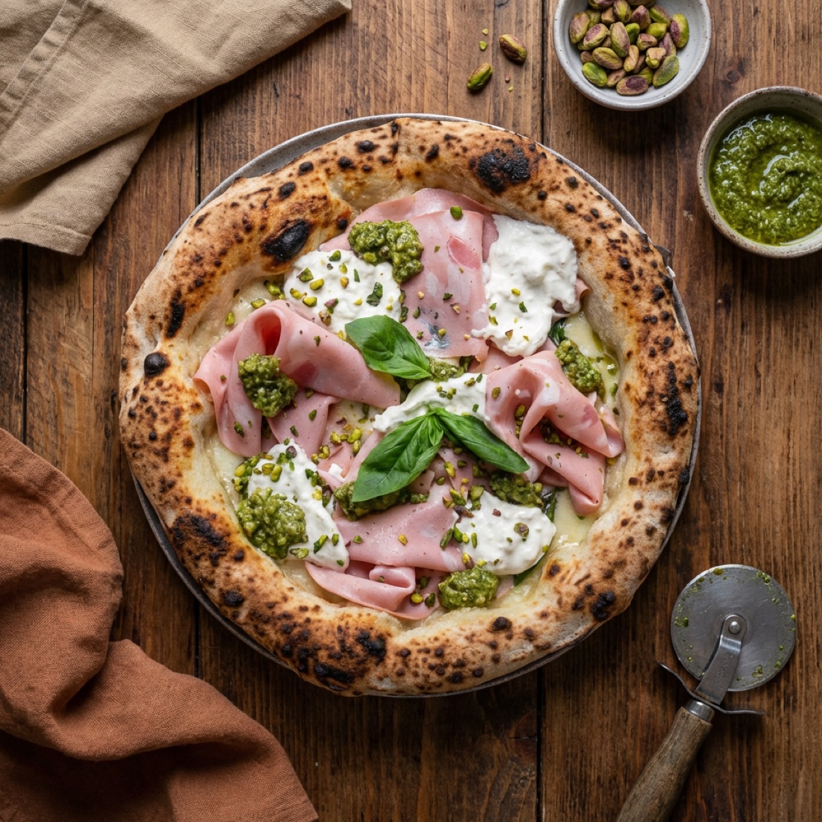 Mortadella & pistachio pizza