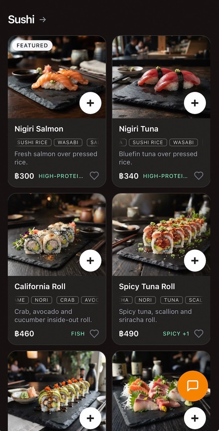 A real web menu on a phone: sushi dishes with a photo, a price and ingredients
